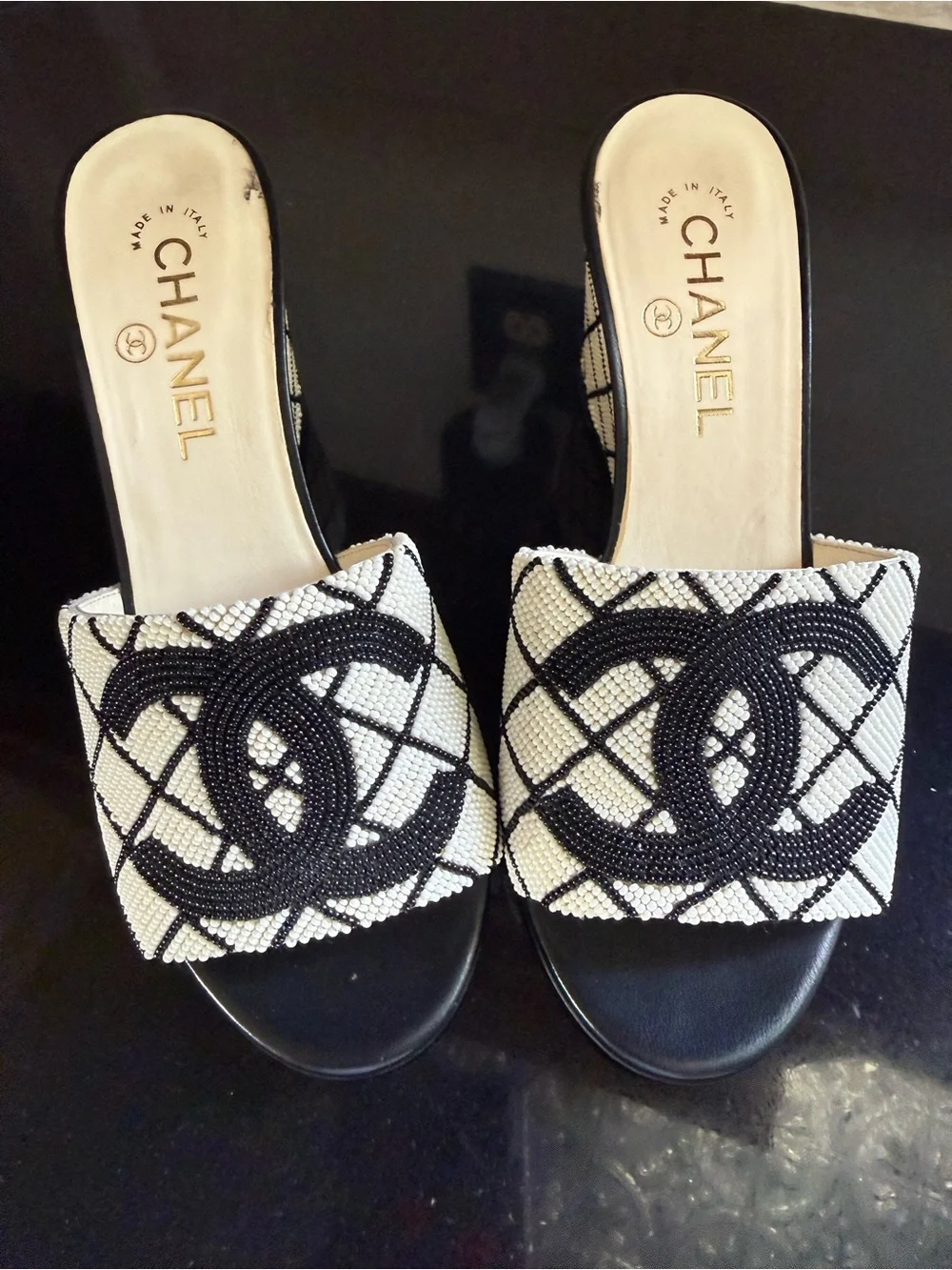 CHANEL Black and Cream Embroidered Logo Slide Wedges